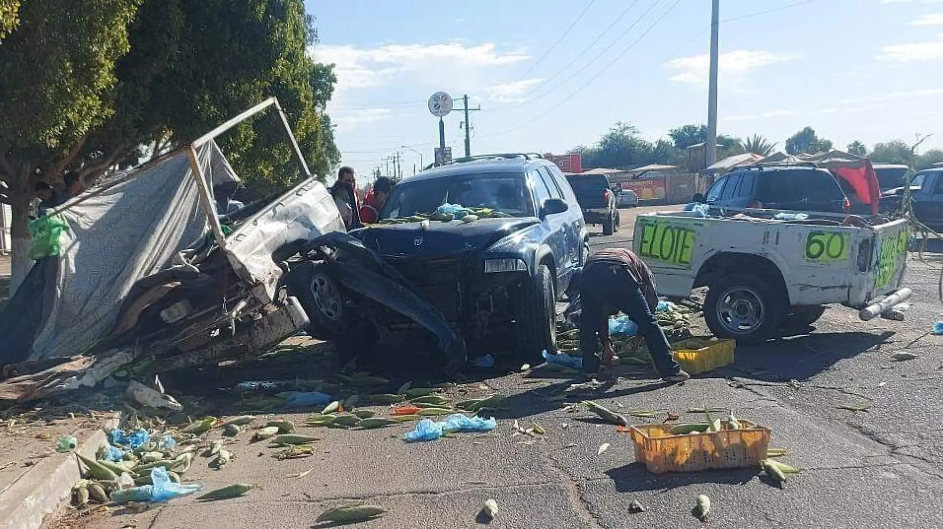 Esta mañana, decenas de elotes salieron despedidos de la caja de pick up en la que los estaban vendiendo, a causa del fuerte choque